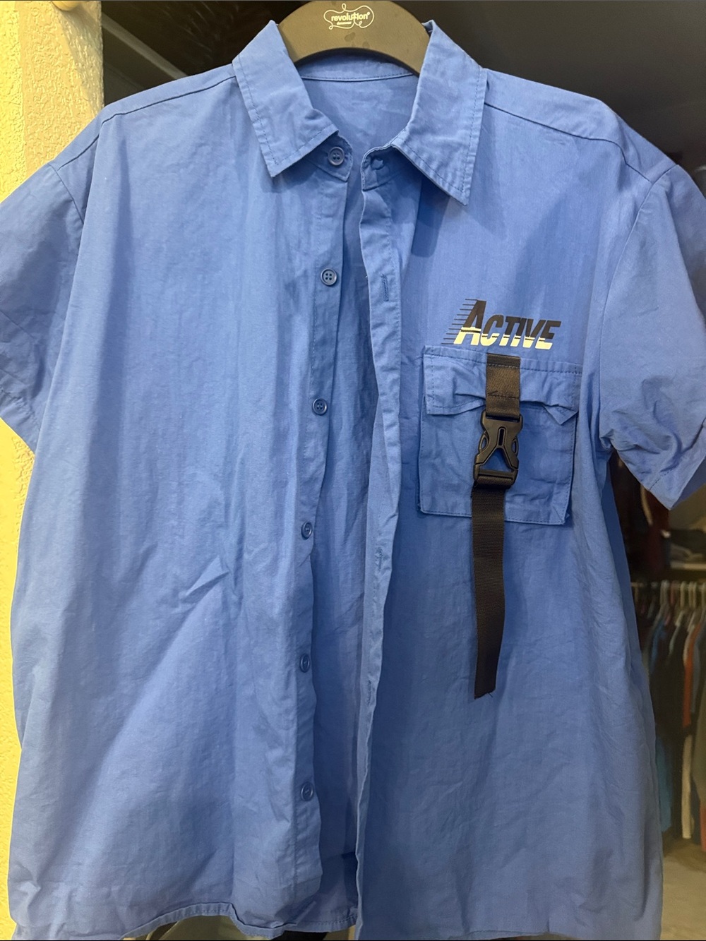 Active USA Men’s Short-Sleeve Button-Down Shirt in Blue with Chest Buckle